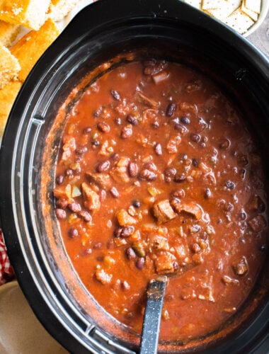 close up of prime rib chili in slow cooker