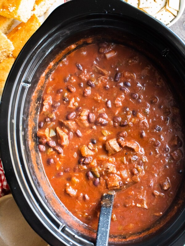 close up of prime rib chili in slow cooker