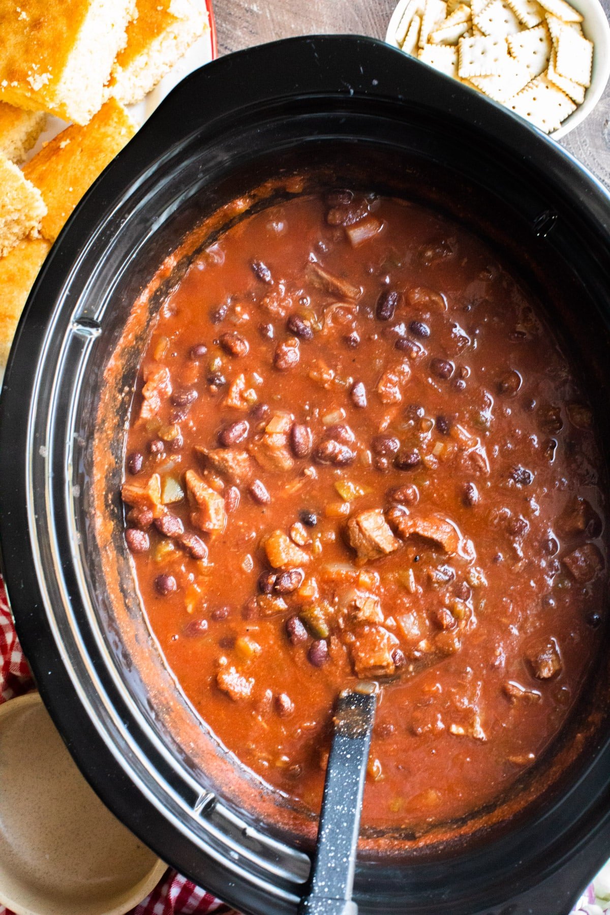 close up of prime rib chili in slow cooker
