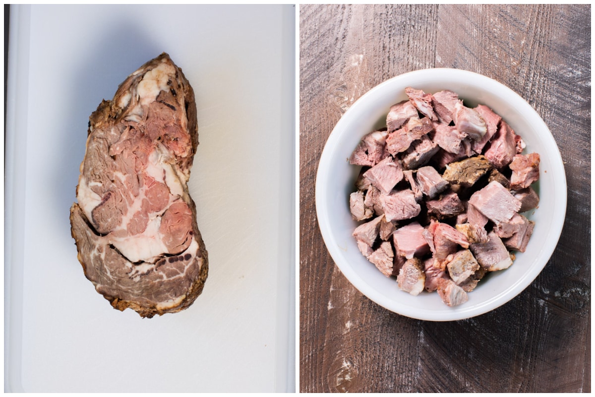 collage of a prime rib on a cutting board, and one photo of prime rib cubed in a bowl