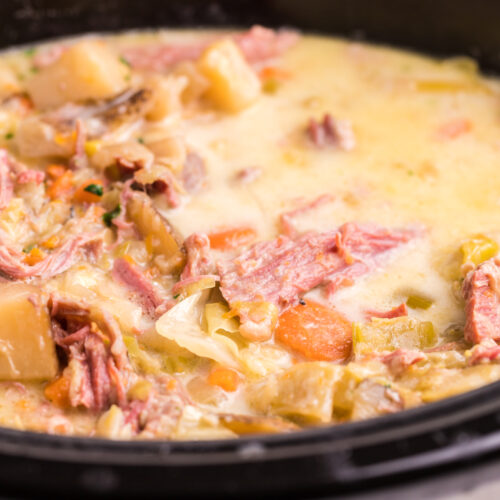 close up of corned beef and cabbage soup, done cooking