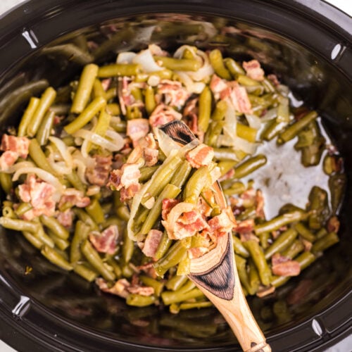 cooked green beans and bacon in slow cooker