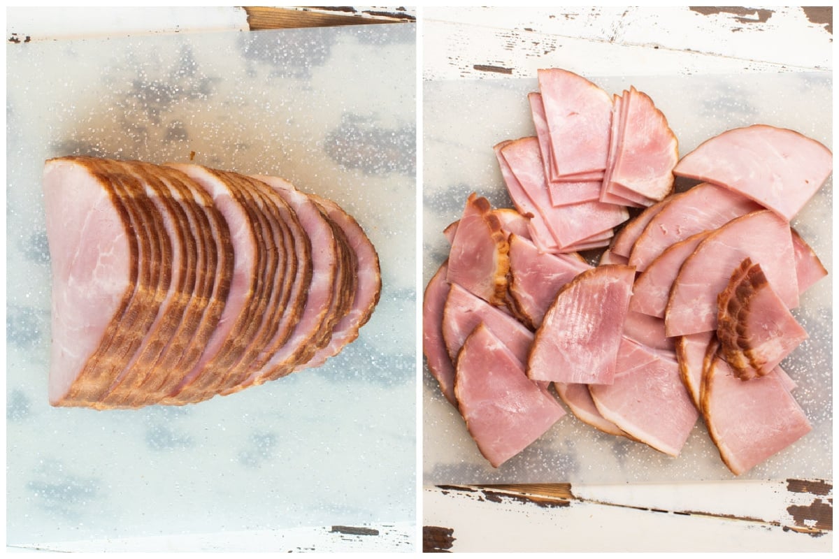 ham before and after cutting in half on cutting board