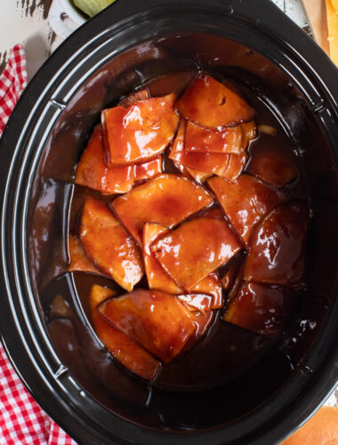 close up of barbecue ham in slow cooker