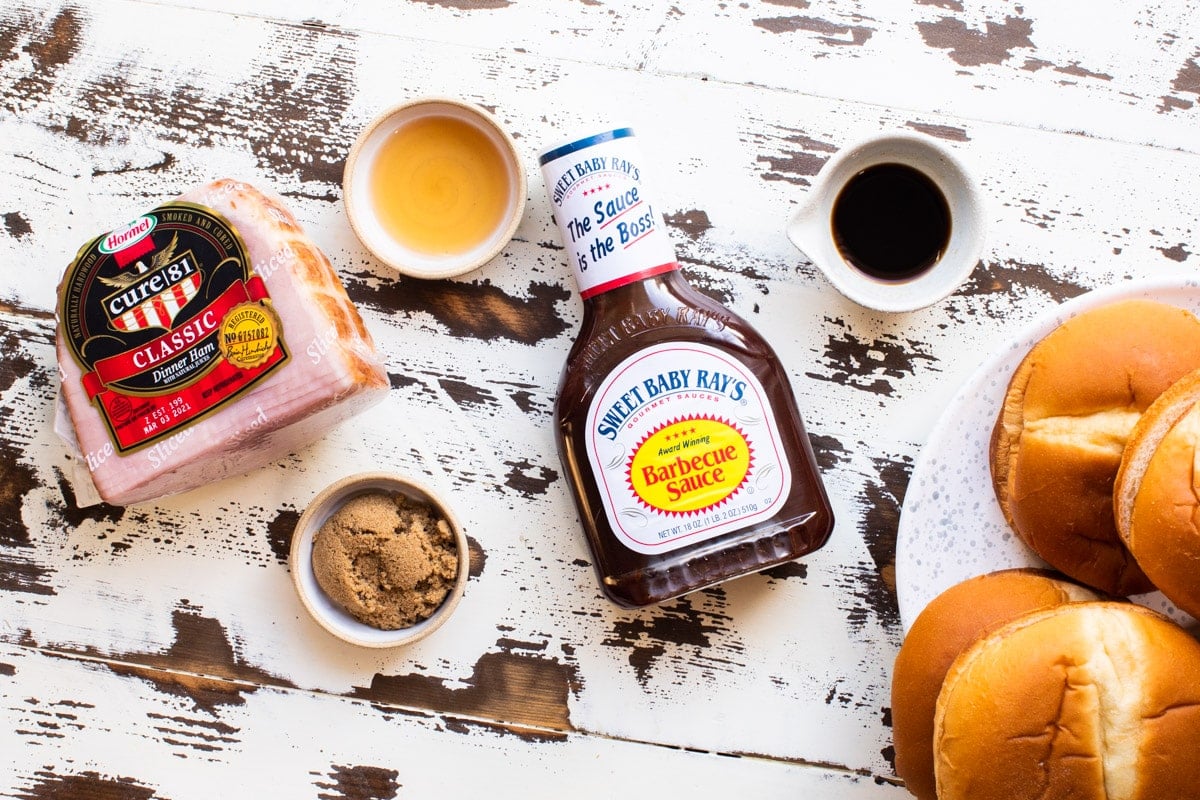 ingredients for barbecue ham sandwiches on white table