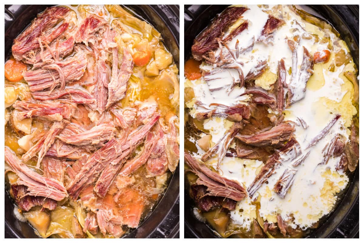 2 photo collage of corned beef soup, one with heavy cream added