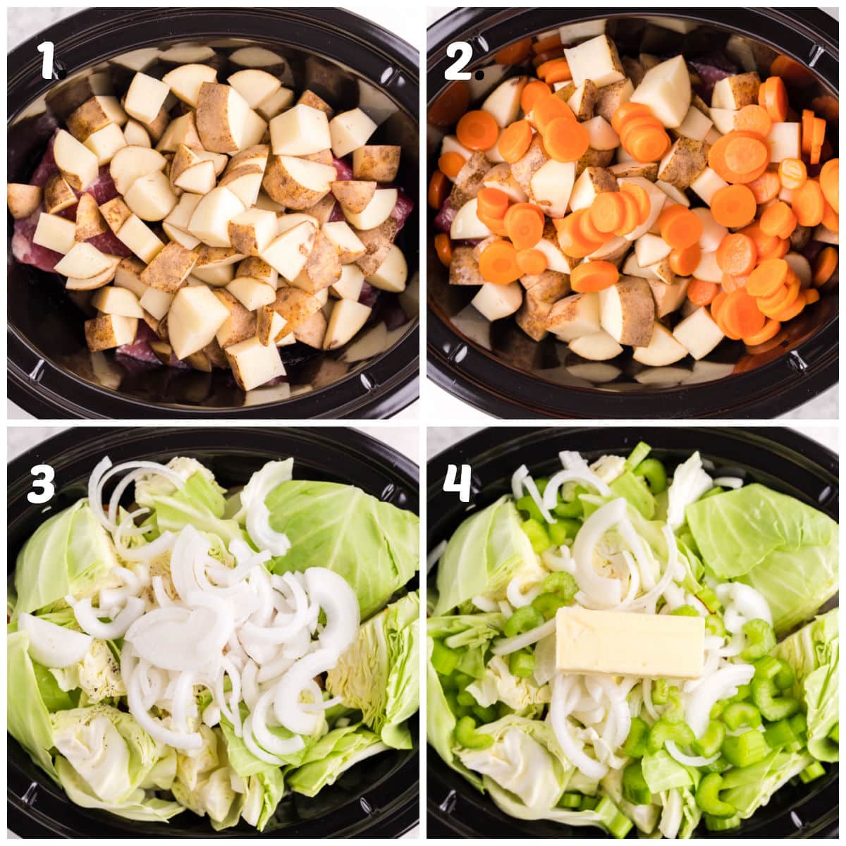 4 step collage on how to add veggies to corned beef and cabbage soup