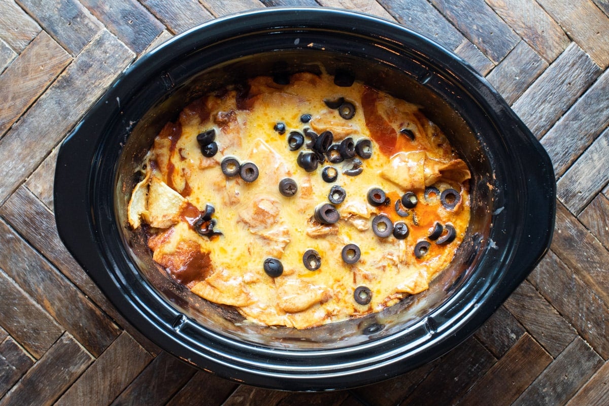 finished cooking enchilada casserole in slow cooker
