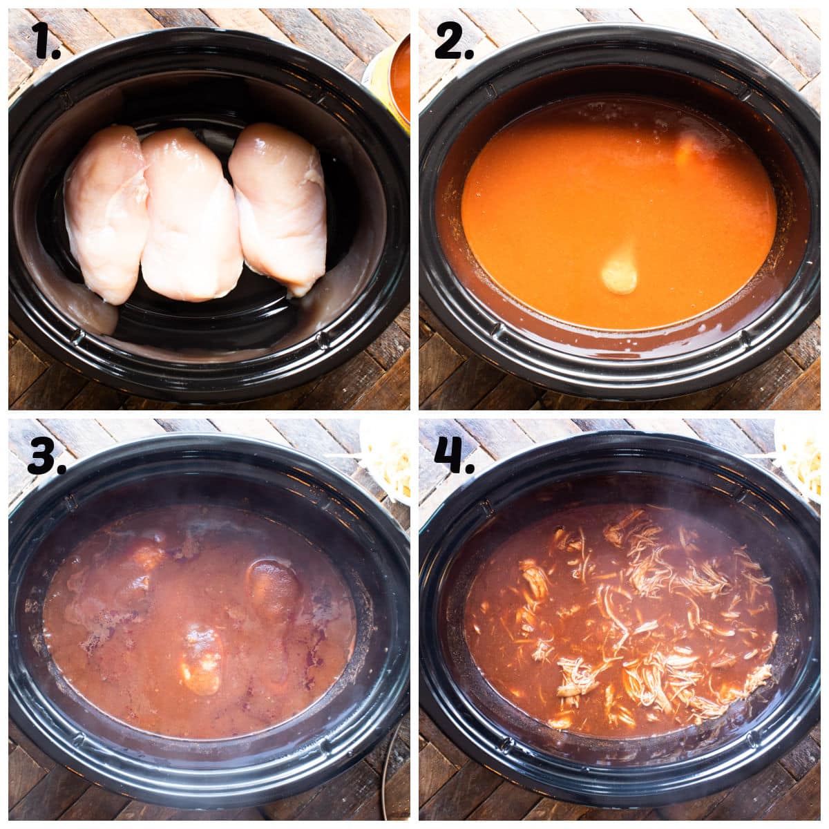 4 photo collage of how to cook chicken in enchilada sauce