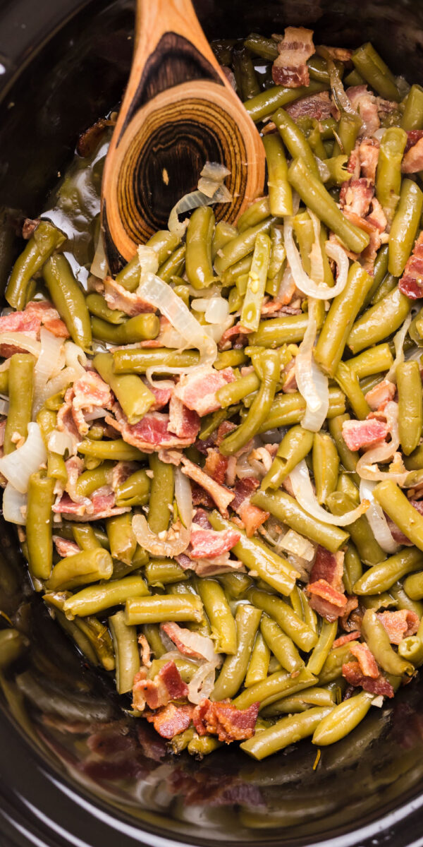 long photo of green beans and bacon in slow cooker