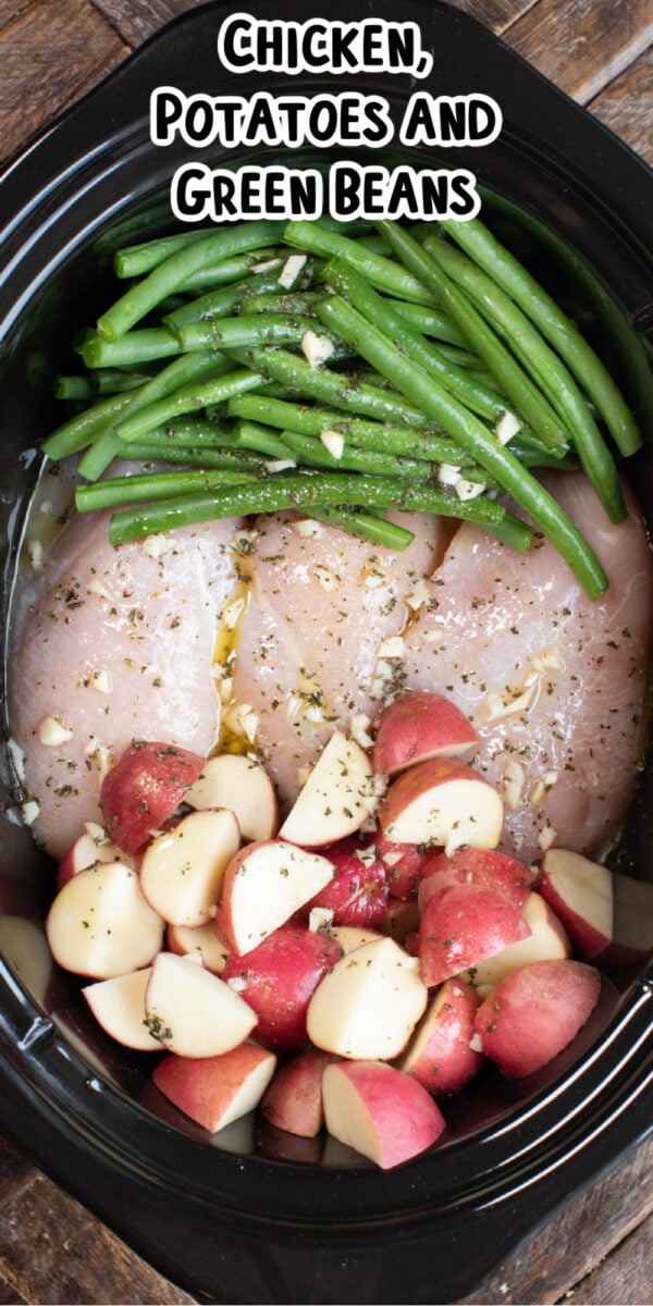 long image of seasoned chicken potatoes and green beans