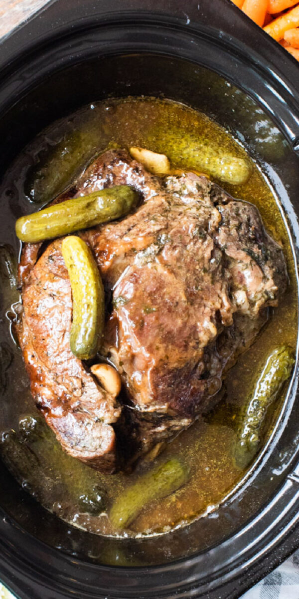 close up image of dill pickle roast for pinterest