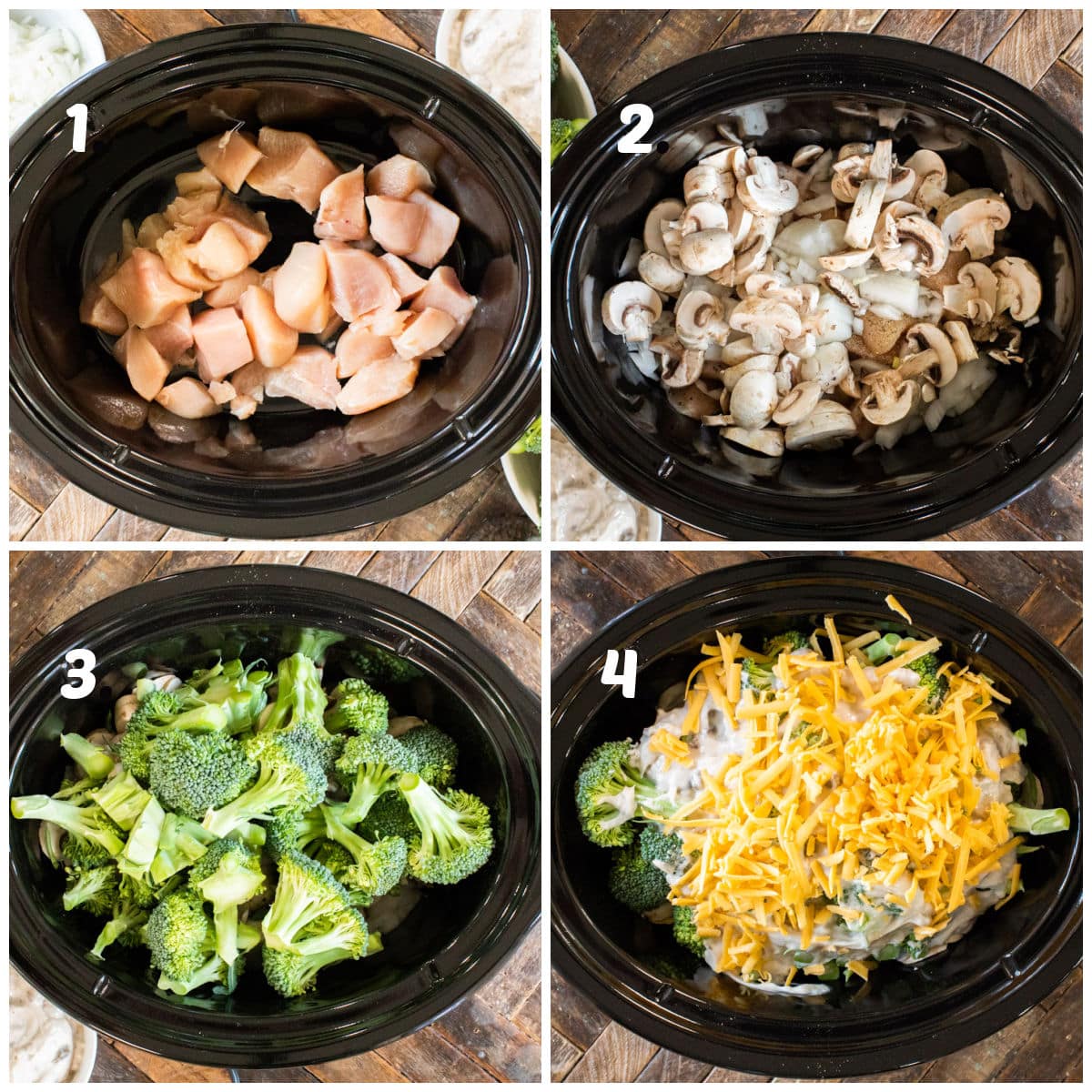 four photo collage of how to make cheesy broccoli chicken