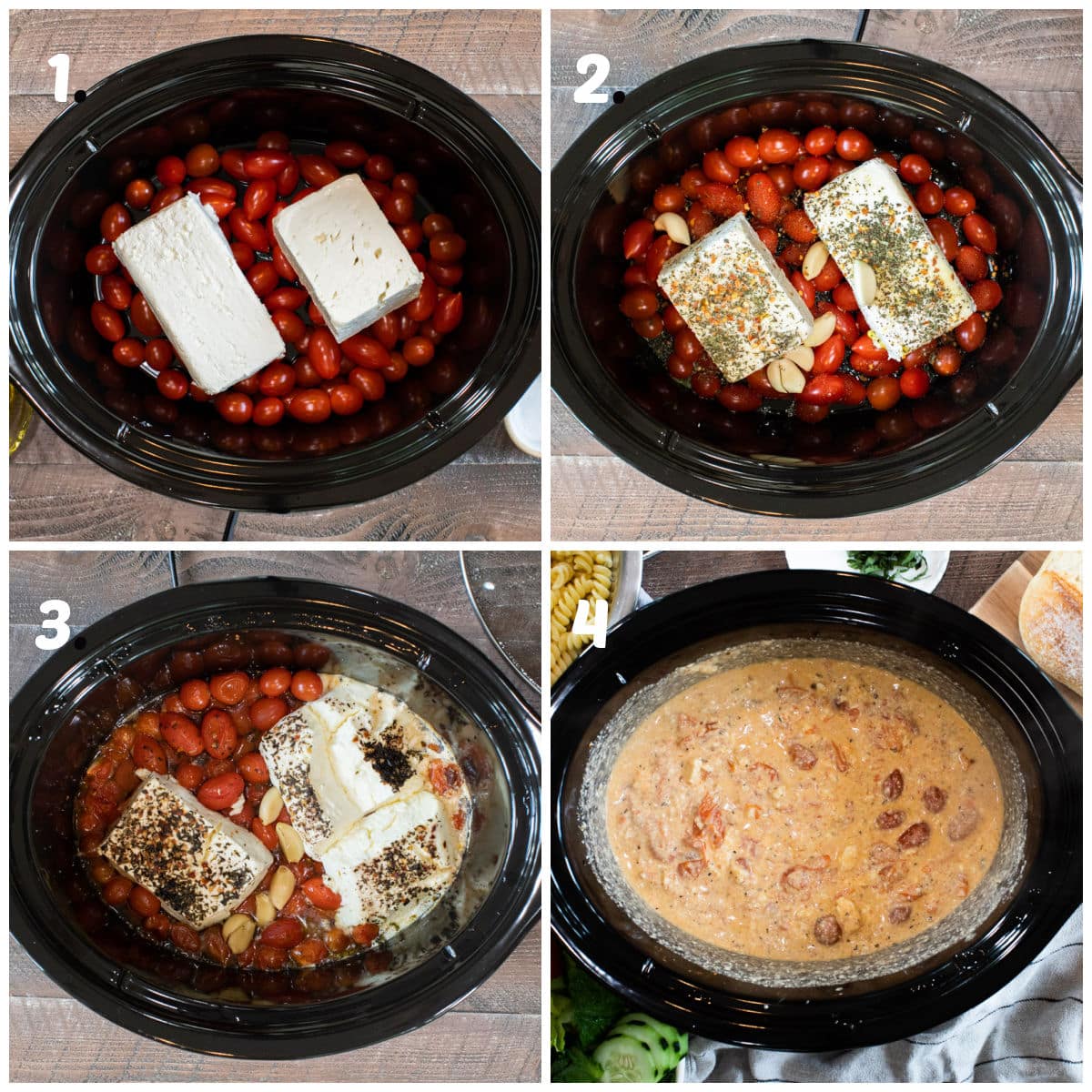 4 photo collage on the steps to make feta tomato pasta in the slow cooker