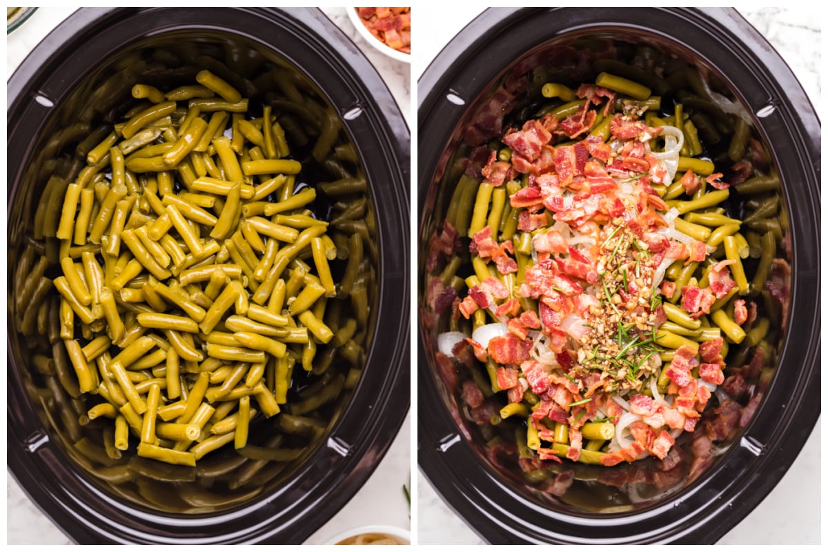 2 photo collage. Green beans in slow cooker and green beans with cooked bacon on top.