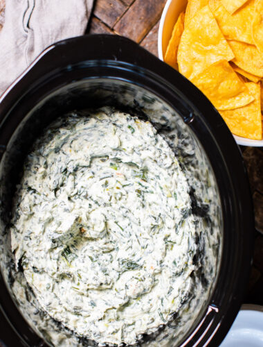 spinach dip, done cooking in a slow cooker