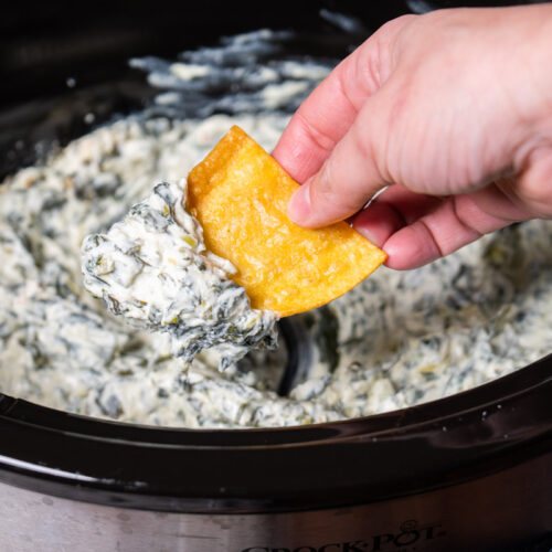 chip dipping out spinach dip in slow cooker