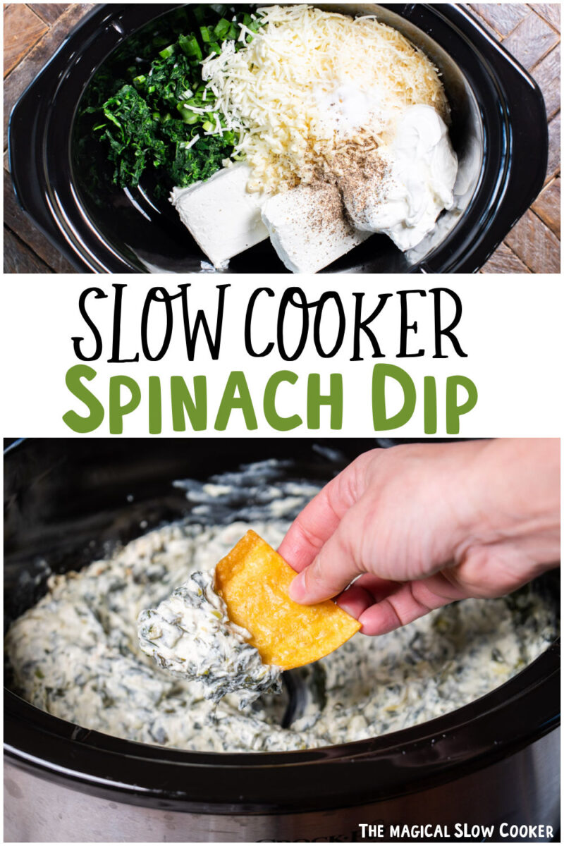 2 photo collage of spinach dip with text overlay for pinterest