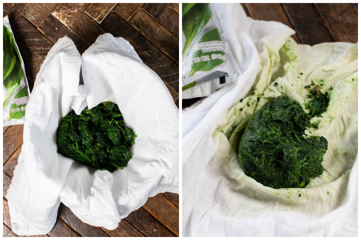 2 photos of frozen spinach on a white tea towel