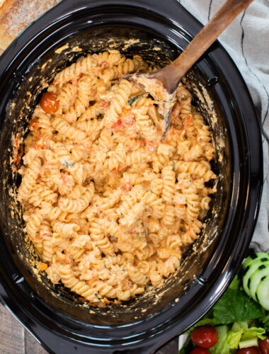 close up of feta tomato pasta