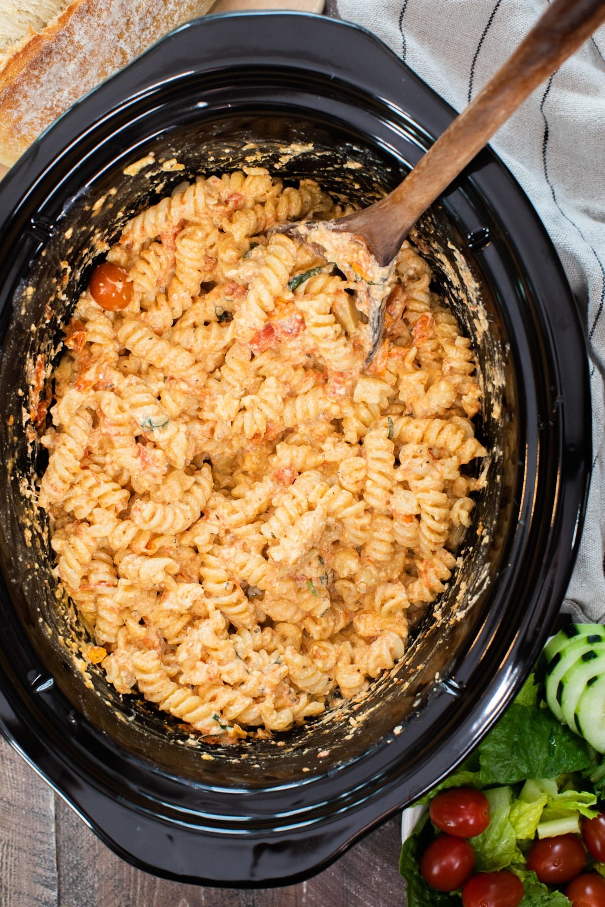 close up of feta tomato pasta