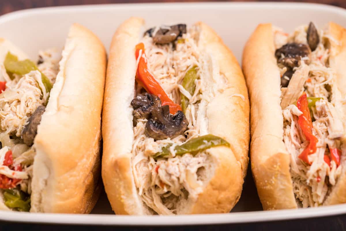 shredded chicken in hoagie rolls