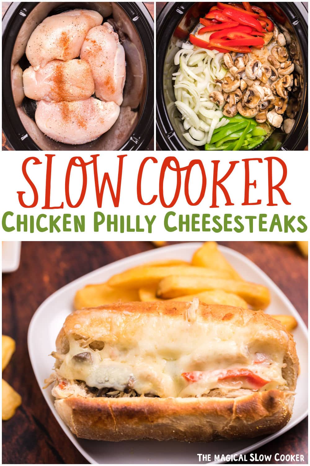 collage of chicken philly cheesesteaks with text overlay for pinterest