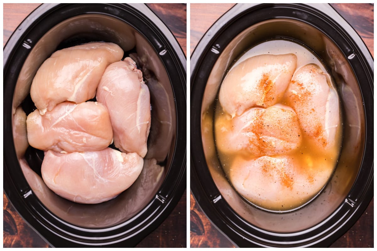 2 image collage. Chicken on one side, chicken with broth and seasoning on the other side.