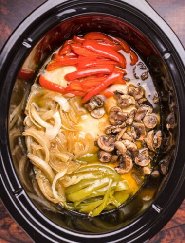 chicken philly meat and vegetables in slow cooker.