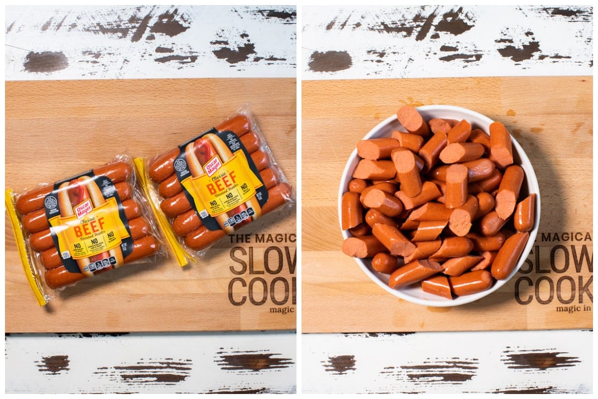 2 image collage of hot dogs. One in packaging and the other with hot dogs cut in fourths