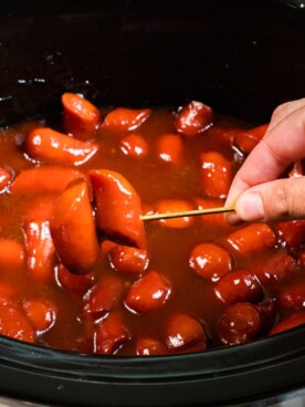 bourbon hot dogs on metal tooth pick