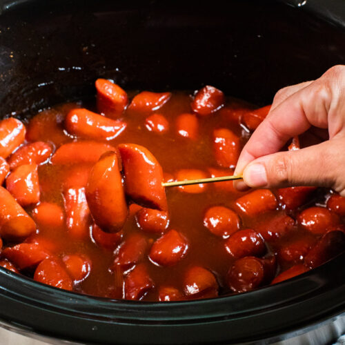 bourbon hot dogs on metal tooth pick