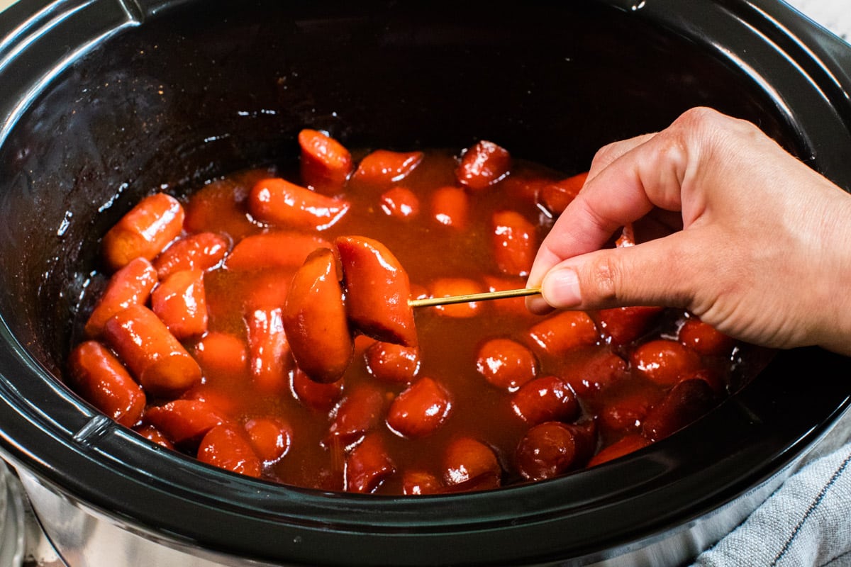 bourbon hot dogs on metal tooth pick