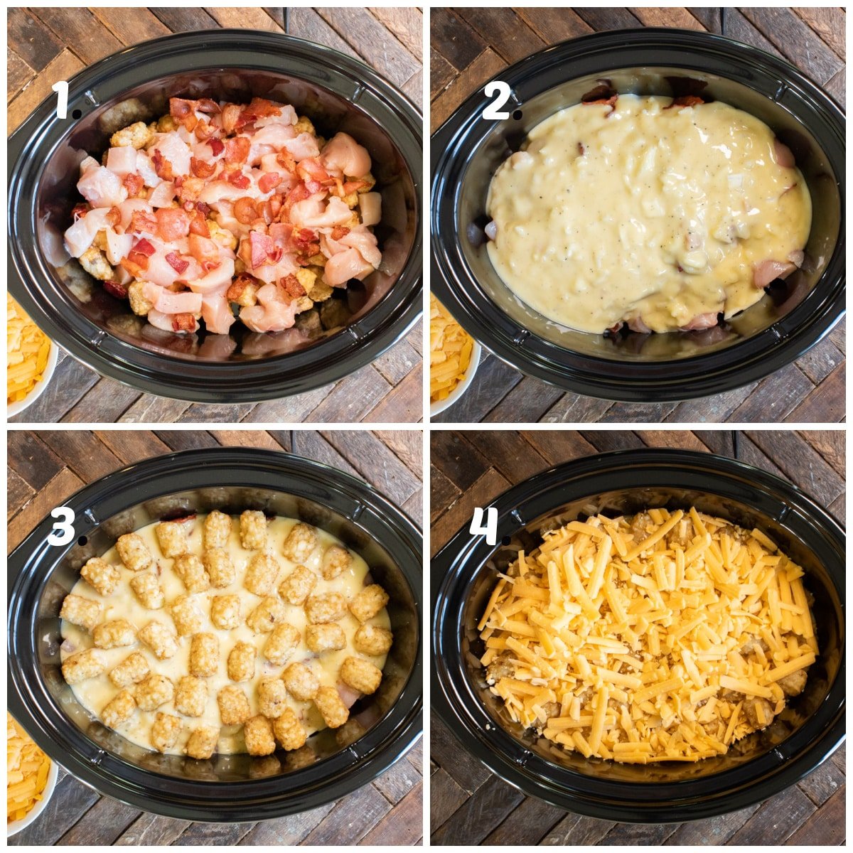 4 image collage on how to assemble tater tot casserole