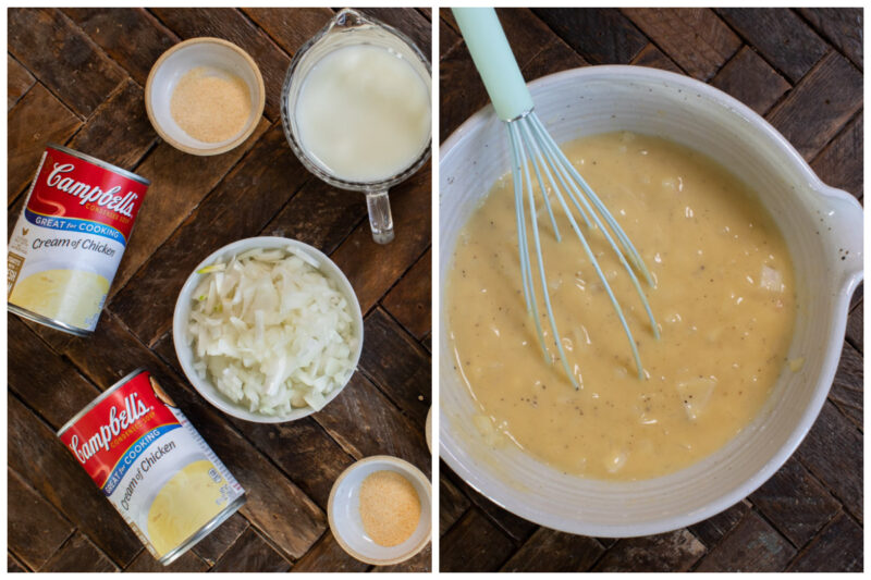 2 image collage of sauce for tater tot casserole