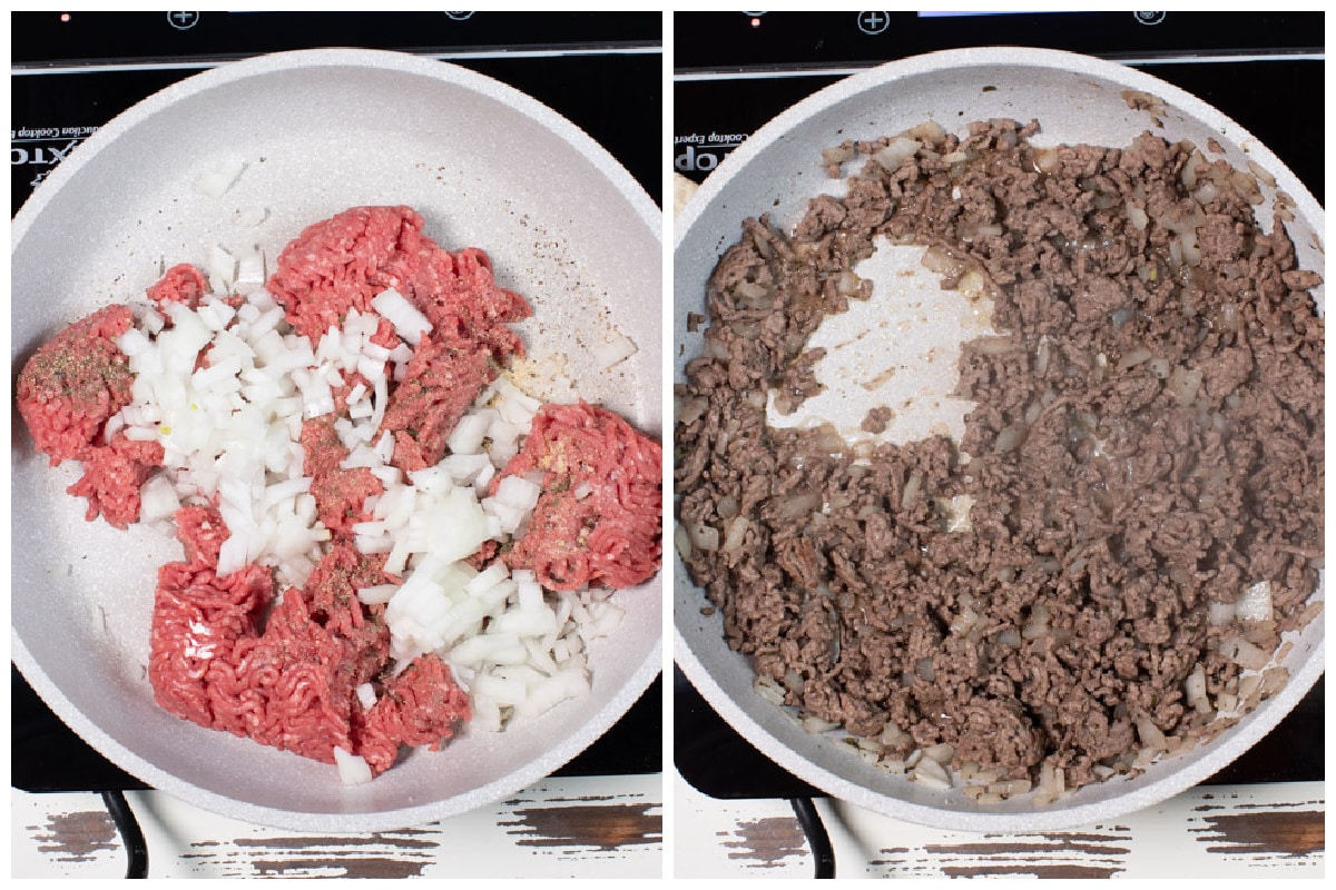 collage of ground beef before and after cooking