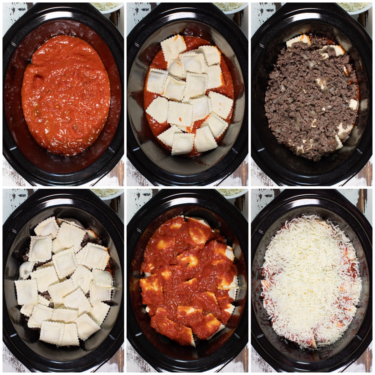 six image collage of how to assemble ravioli lasagna