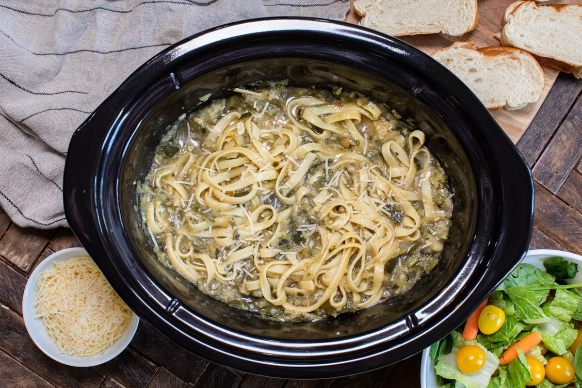 fettuccine with zucchini bolognese mixed in. Salad and bread on side