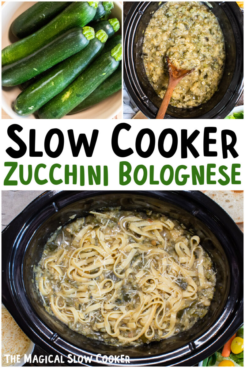 collage of zucchini bolognese photos with text overlay for pinterest