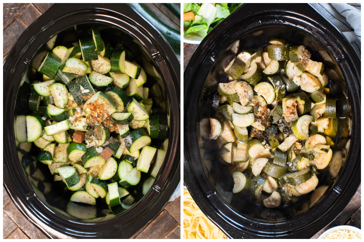 collage of zucchini before and after cooking