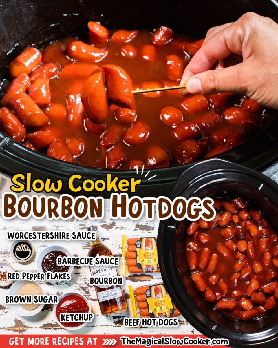 collage of bourbon hot dogs with the ingredients text on it.