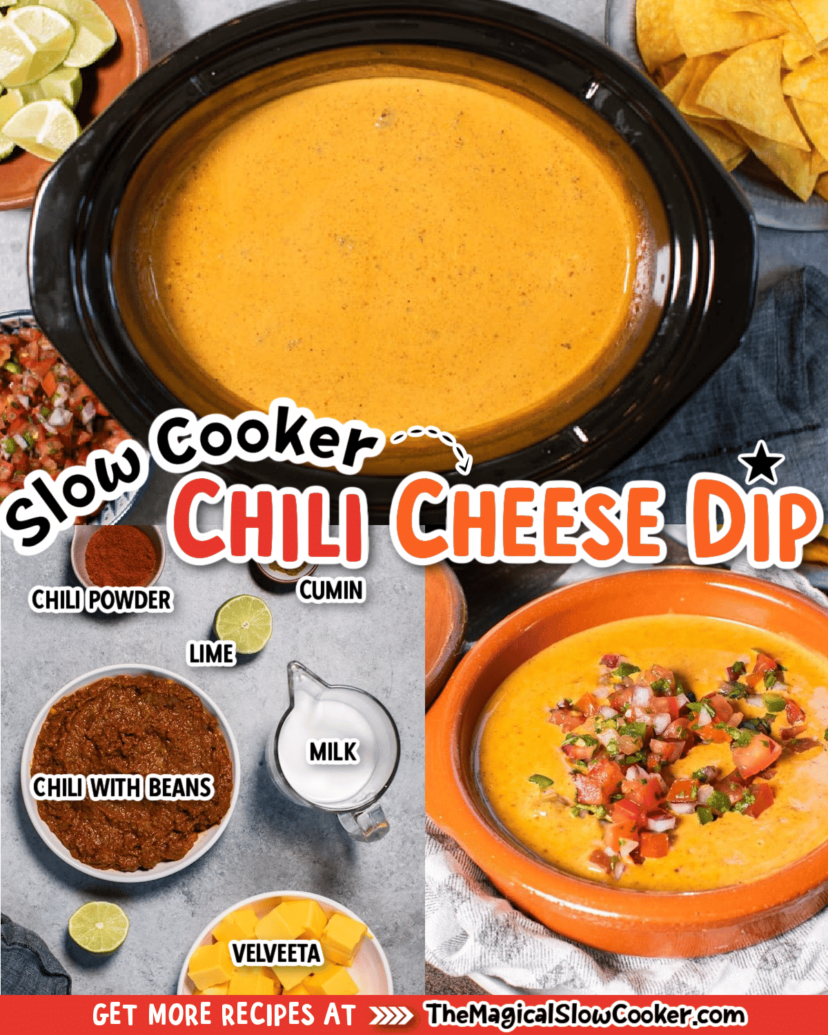 images of chili cheese dip with the ingredients labeled in text.