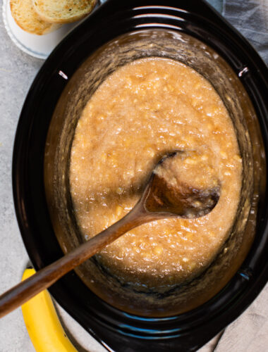 close up of banana jam in slow cooker