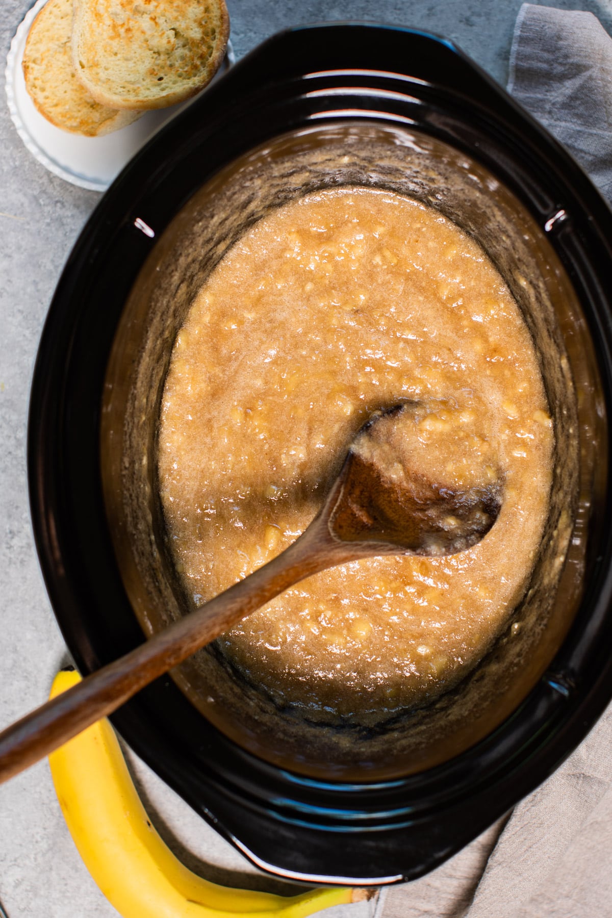 close up of banana jam in slow cooker