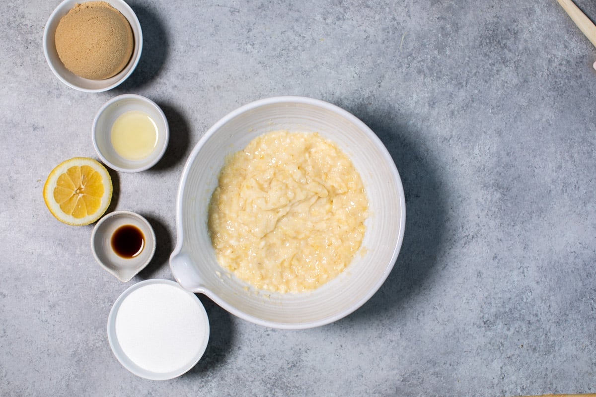 mashed bananas in a bowl.