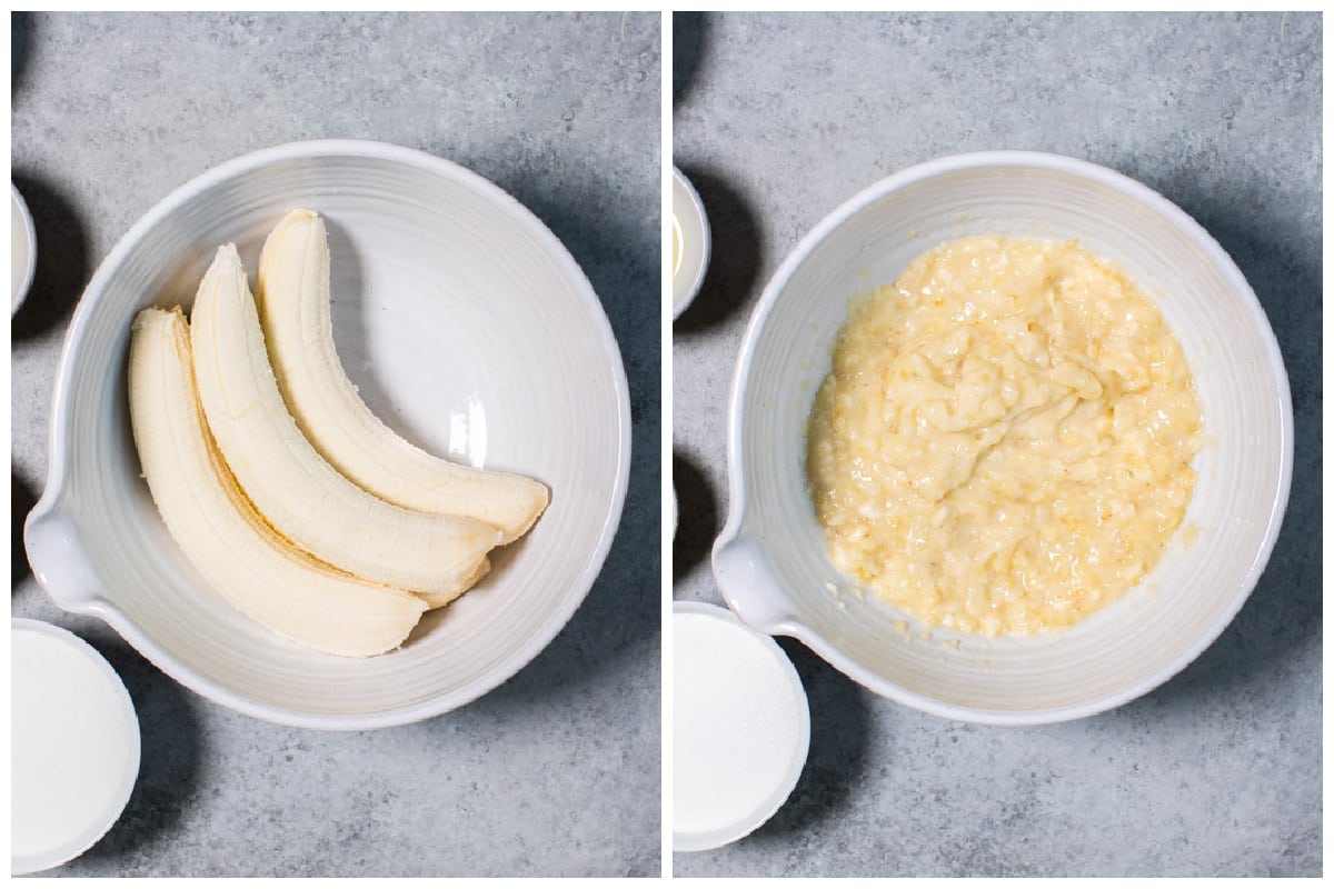 bananas before and after mashing.