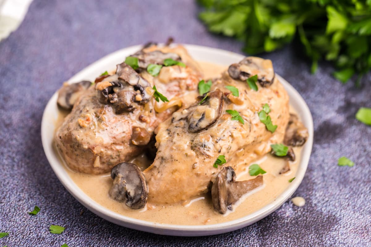 chicken marsala on white plate