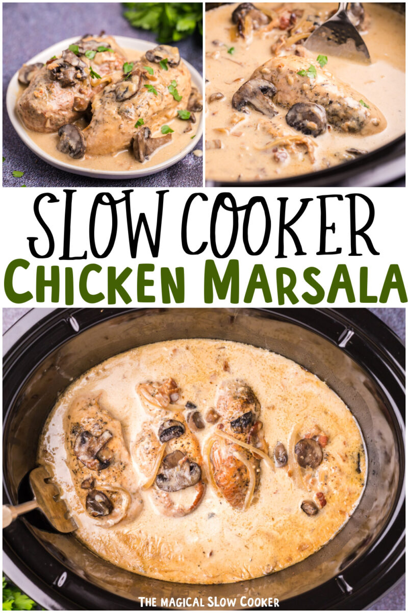 collage of chicken marsala images with text overlay for pinterest