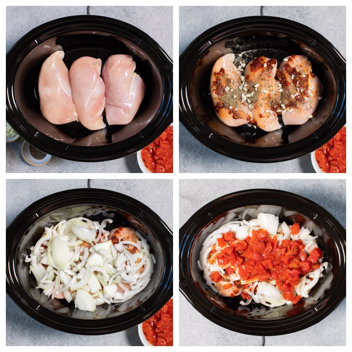 4 photo collage on how to make chicken tinga in the slow cooker