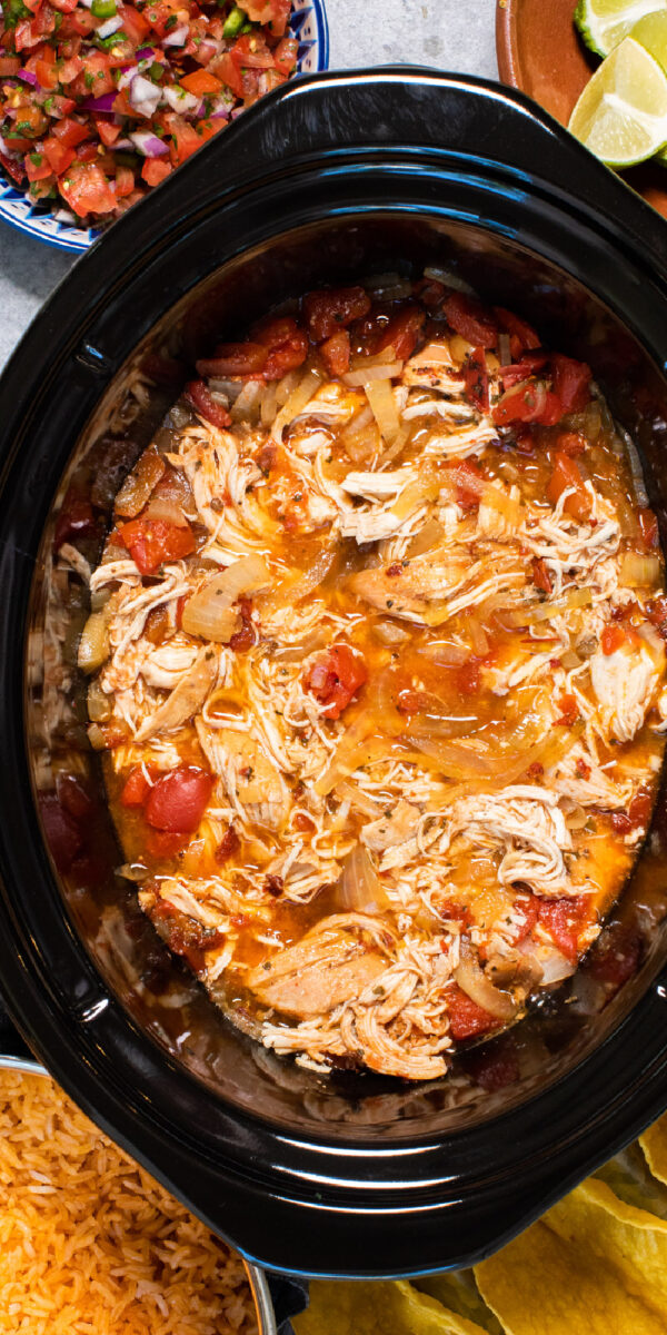 long image of chicken tinga in slow cooker for pinterest
